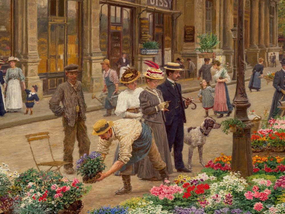 Marie - François Firmin, Girard, Il Flower Quay e la Torre dell'Orologio, o Parigi in primavera, dettaglio